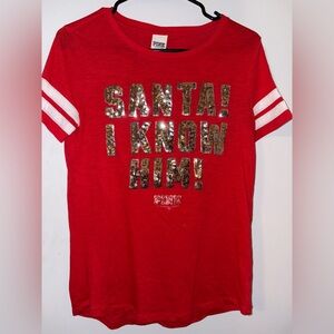 PINK Victoria's Secret Red Tee with Gold Sequin Text